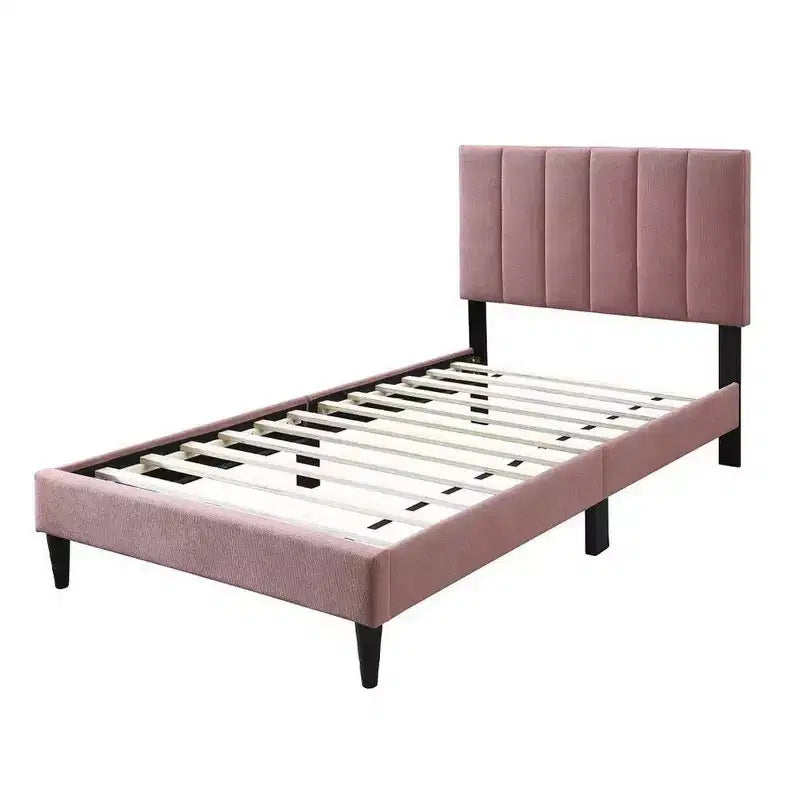 Royal Hampton Twin Size Bed, Blush Pink Linen Upholstery, Channel Tufted
