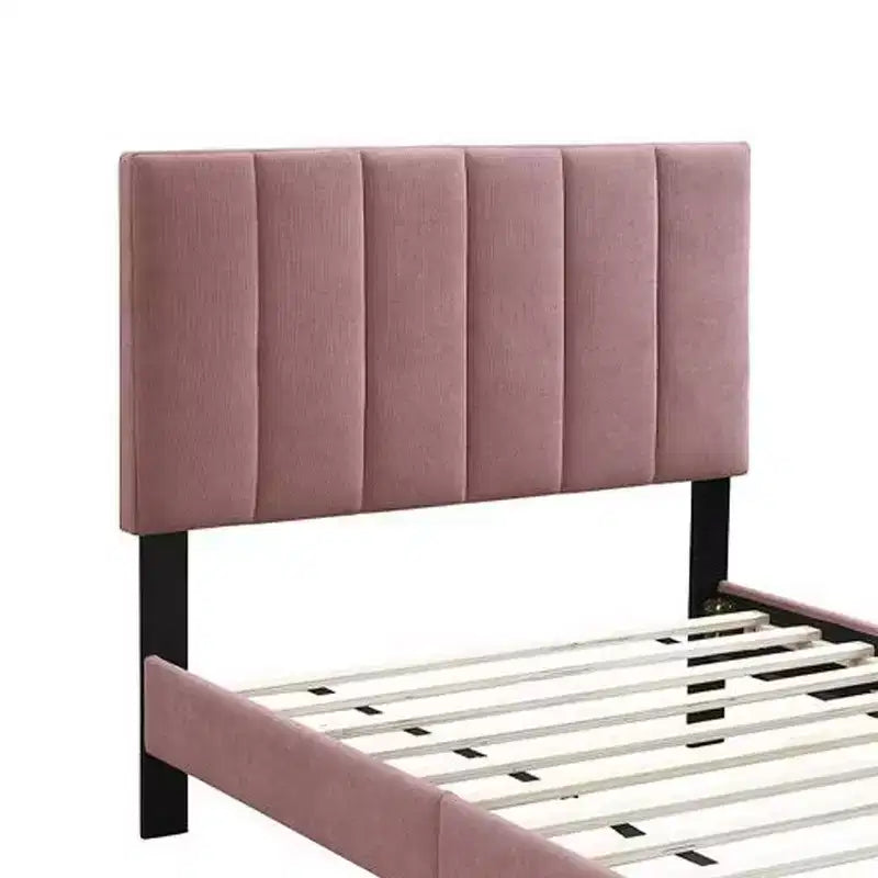 Royal Hampton Twin Size Bed, Blush Pink Linen Upholstery, Channel Tufted