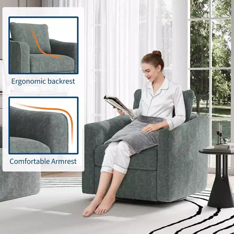 Swivel Accent Chair for Living Room, Modern Linen Upholstered Armchair, Steel Base Supporting Up to 440 Lbs, Ergonomic Backrest Reading Chair