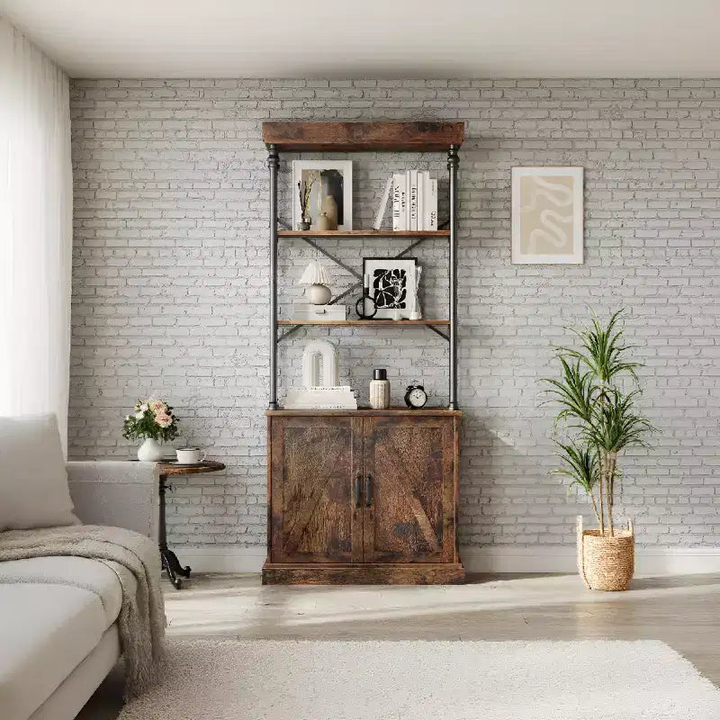 Farmhouse Bookcase with Doors, 74 Wood Bookshelf with Storage Cabinet, Vintage Open Shelf Design for Living Room, Home Office, Bedroom, Library