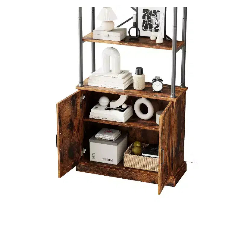 Farmhouse Bookcase with Doors, 74 Wood Bookshelf with Storage Cabinet, Vintage Open Shelf Design for Living Room, Home Office, Bedroom, Library