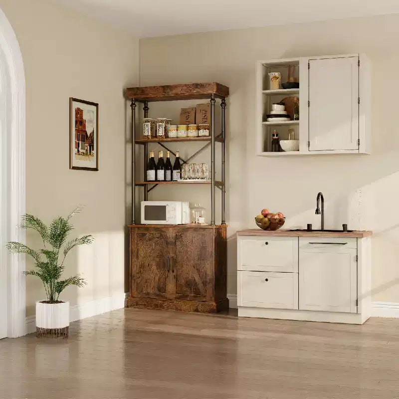 Farmhouse Bookcase with Doors, 74 Wood Bookshelf with Storage Cabinet, Vintage Open Shelf Design for Living Room, Home Office, Bedroom, Library