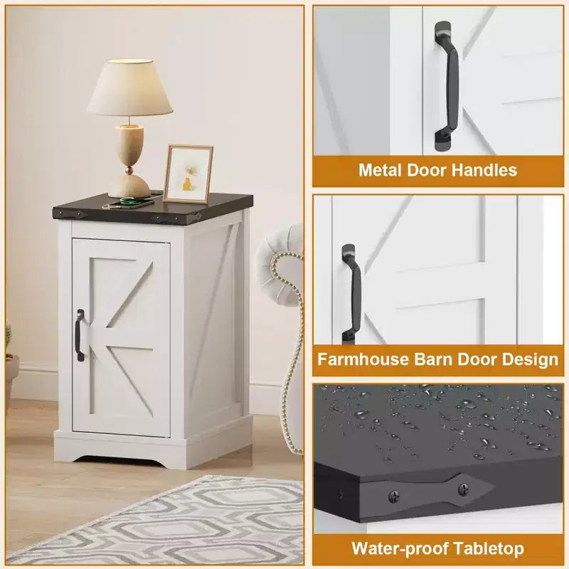 GustoWave Farmhouse End Table Nightstand with Adjustable Shelf and Cord Management, Modern Bedside Table for Bedroom & Living Room - White
