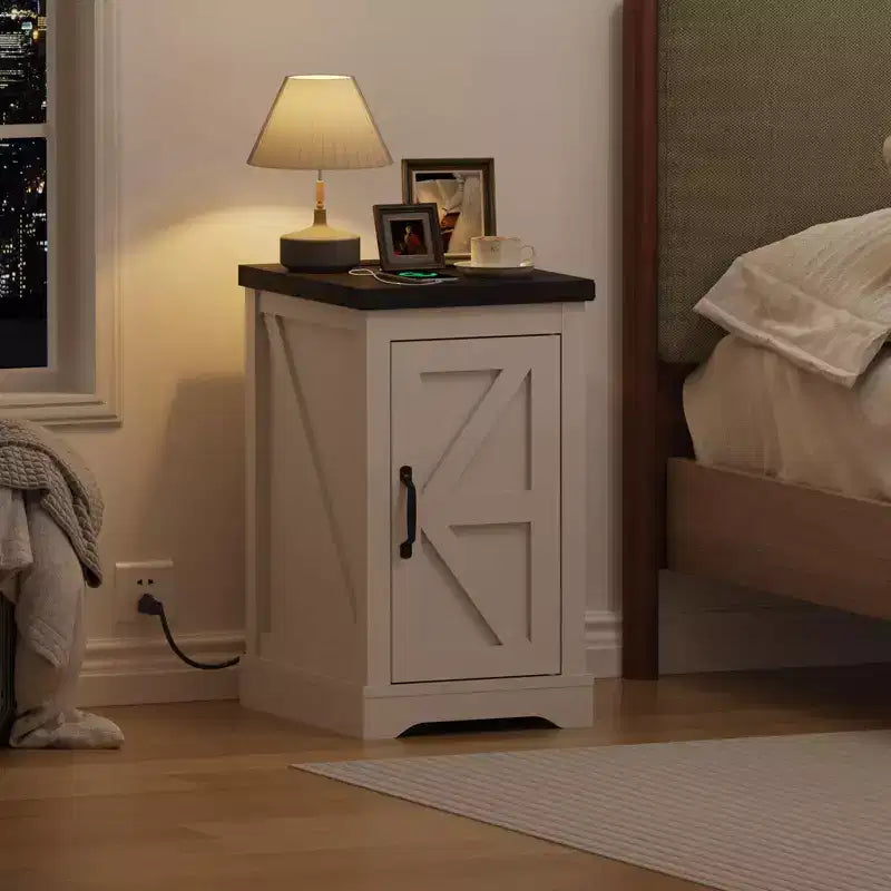 GustoWave Farmhouse End Table Nightstand with Adjustable Shelf and Cord Management, Modern Bedside Table for Bedroom & Living Room - White