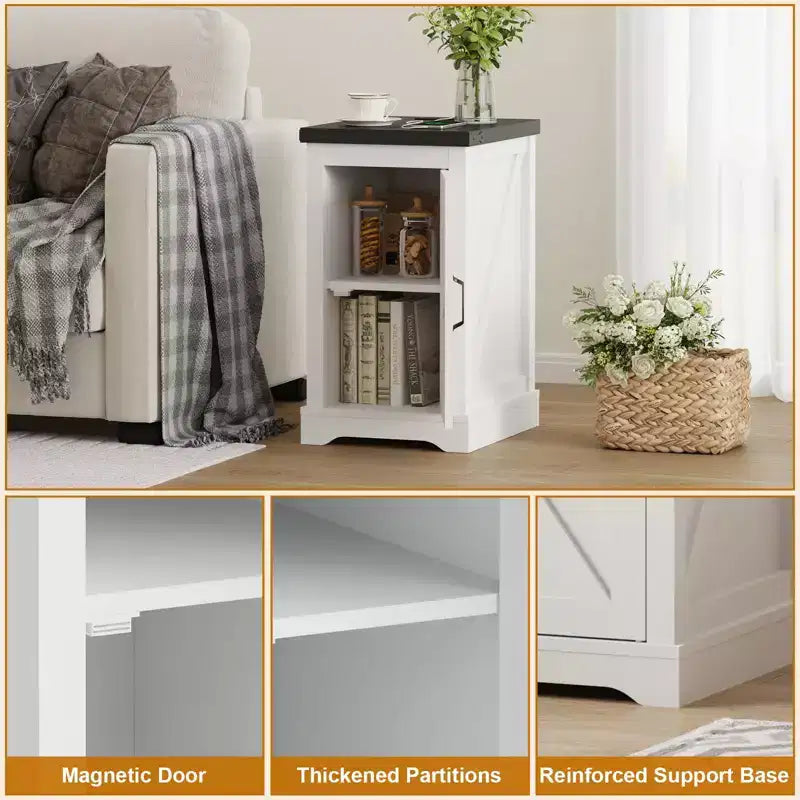 GustoWave Farmhouse End Table Nightstand with Adjustable Shelf and Cord Management, Modern Bedside Table for Bedroom & Living Room - White