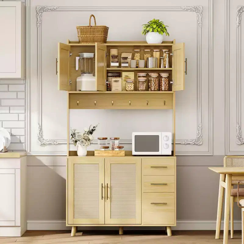 Rattan Pantry Cabinet,71Pantry with Microwave Stand, Freestanding Hutch with Drawers,Hooks,Storage Cabinet for Dining Room, Kitchen, Living Room