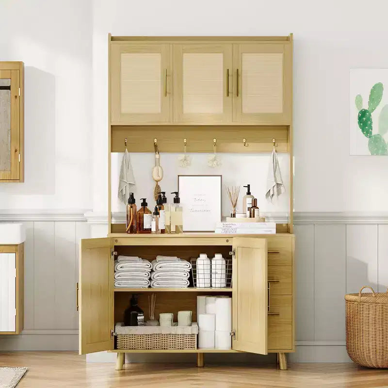 Rattan Pantry Cabinet,71Pantry with Microwave Stand, Freestanding Hutch with Drawers,Hooks,Storage Cabinet for Dining Room, Kitchen, Living Room