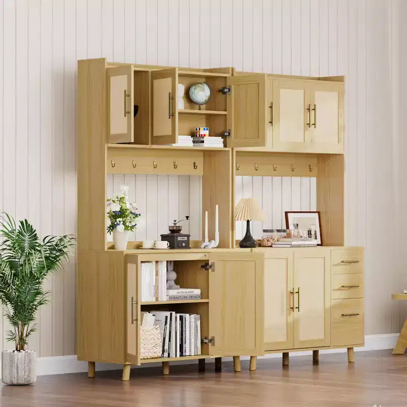 Rattan Pantry Cabinet,71Pantry with Microwave Stand, Freestanding Hutch with Drawers,Hooks,Storage Cabinet for Dining Room, Kitchen, Living Room