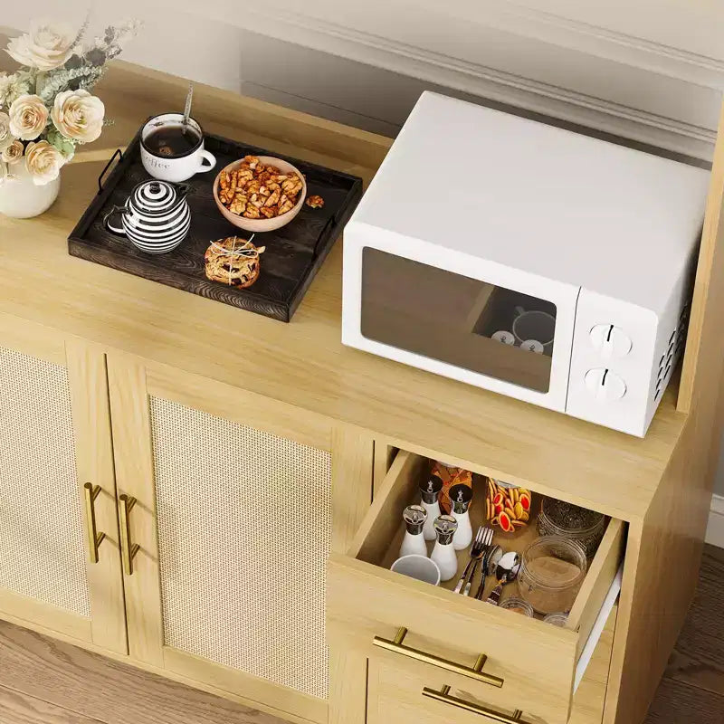 Rattan Pantry Cabinet,71Pantry with Microwave Stand, Freestanding Hutch with Drawers,Hooks,Storage Cabinet for Dining Room, Kitchen, Living Room