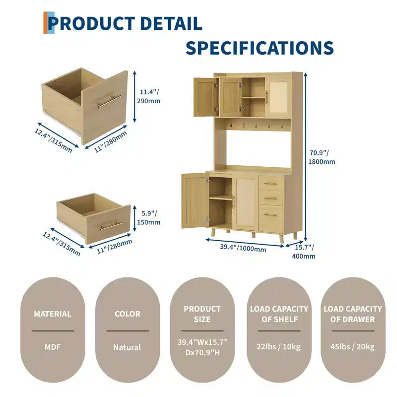 Rattan Pantry Cabinet,71Pantry with Microwave Stand, Freestanding Hutch with Drawers,Hooks,Storage Cabinet for Dining Room, Kitchen, Living Room