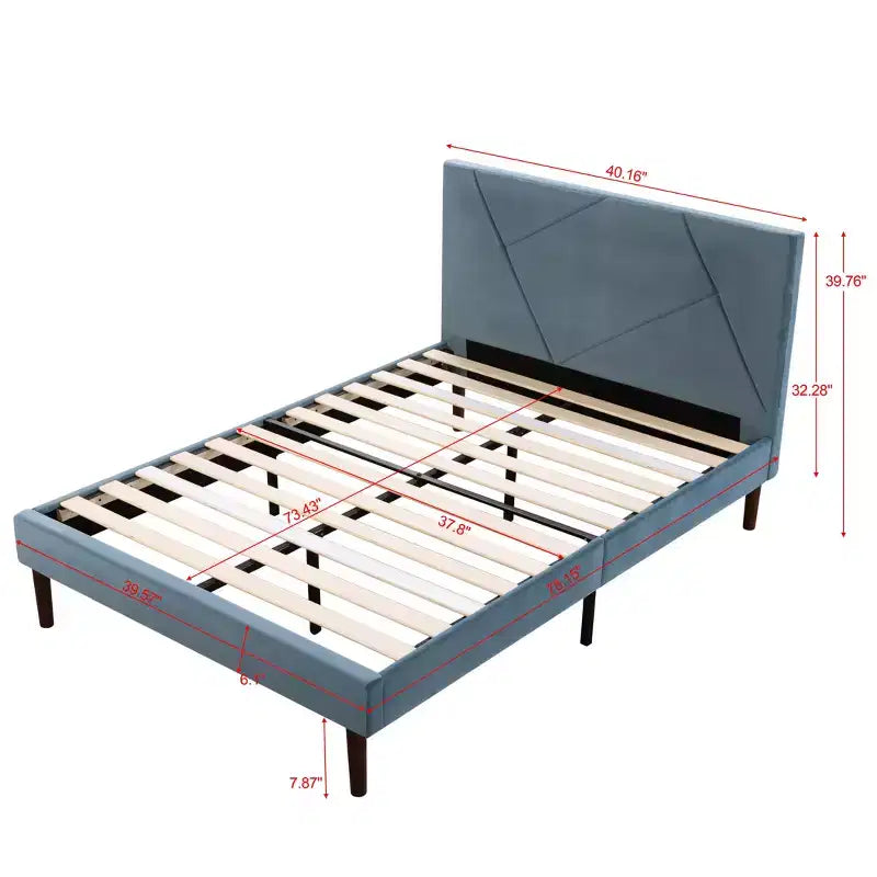 MAYEERTY Platform Bed Frame - Upholstered Padded Headboard, 12 Wood Slats & Center Support Leg