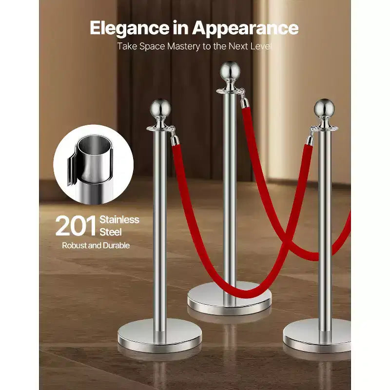 VEVOR Stanchions and Velvet Ropes 8Pcs, Hollow Base with Stainless Steel Post, 4 Red Velvet Ropes and Posts, Crowd Control Barriers Stanchions,Silver