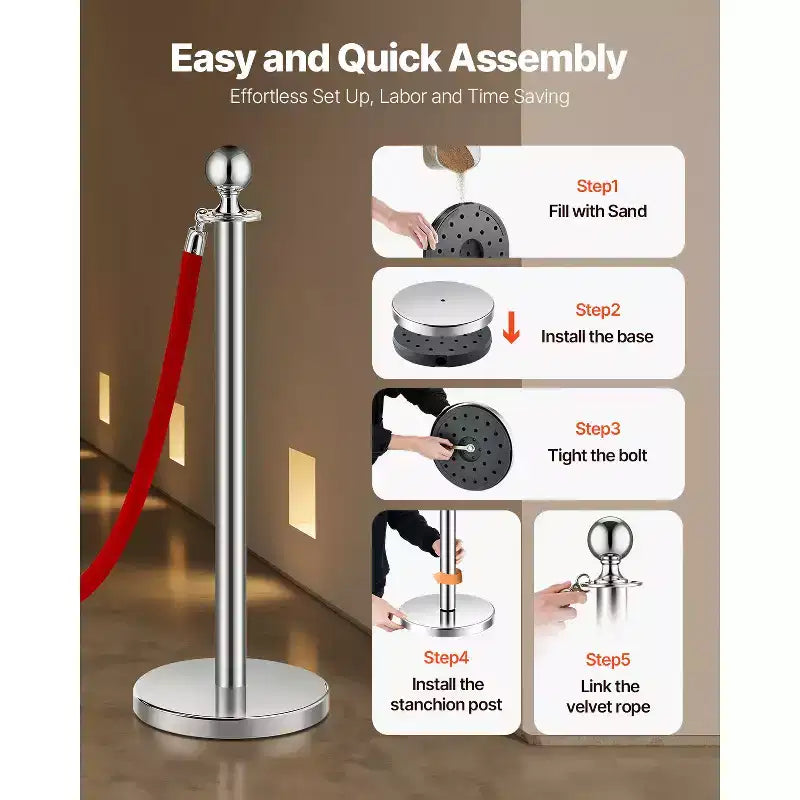 VEVOR Stanchions and Velvet Ropes 8Pcs, Hollow Base with Stainless Steel Post, 4 Red Velvet Ropes and Posts, Crowd Control Barriers Stanchions,Silver