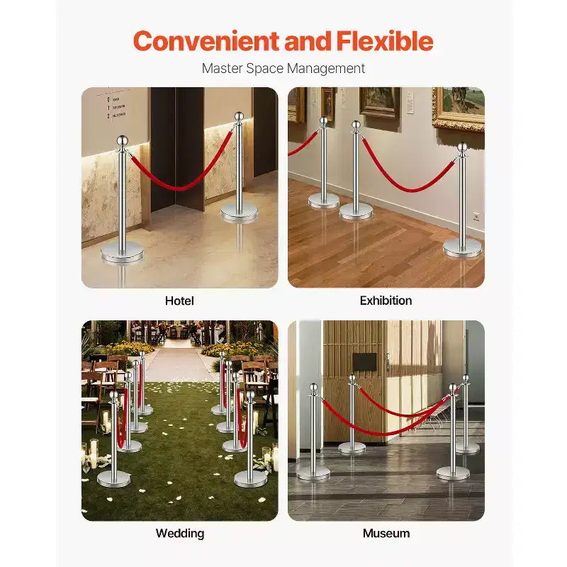 VEVOR Stanchions and Velvet Ropes 8Pcs, Hollow Base with Stainless Steel Post, 4 Red Velvet Ropes and Posts, Crowd Control Barriers Stanchions,Silver