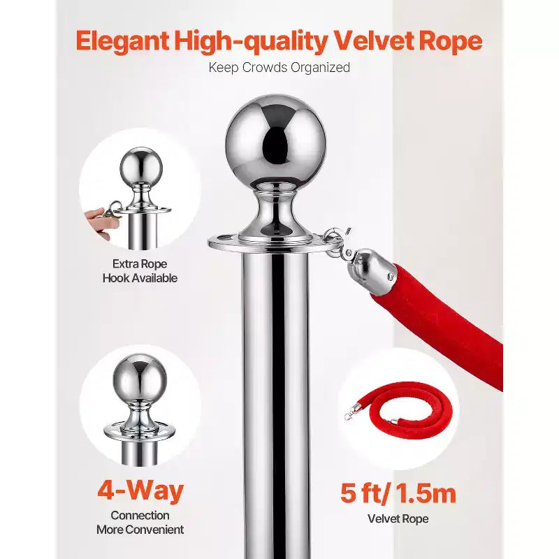 VEVOR Stanchions and Velvet Ropes 8Pcs, Hollow Base with Stainless Steel Post, 4 Red Velvet Ropes and Posts, Crowd Control Barriers Stanchions,Silver