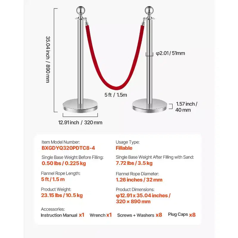 VEVOR Stanchions and Velvet Ropes 8Pcs, Hollow Base with Stainless Steel Post, 4 Red Velvet Ropes and Posts, Crowd Control Barriers Stanchions,Silver