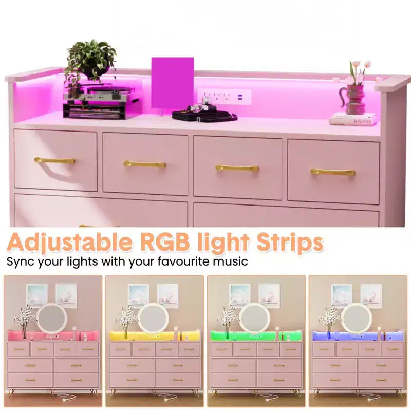 8 Drawer Dresser with Led Lights and Charging Station, Modern Dresser for Bedroom , Wooden Drawer with Open Space, Storage Organizer for Living Room,
