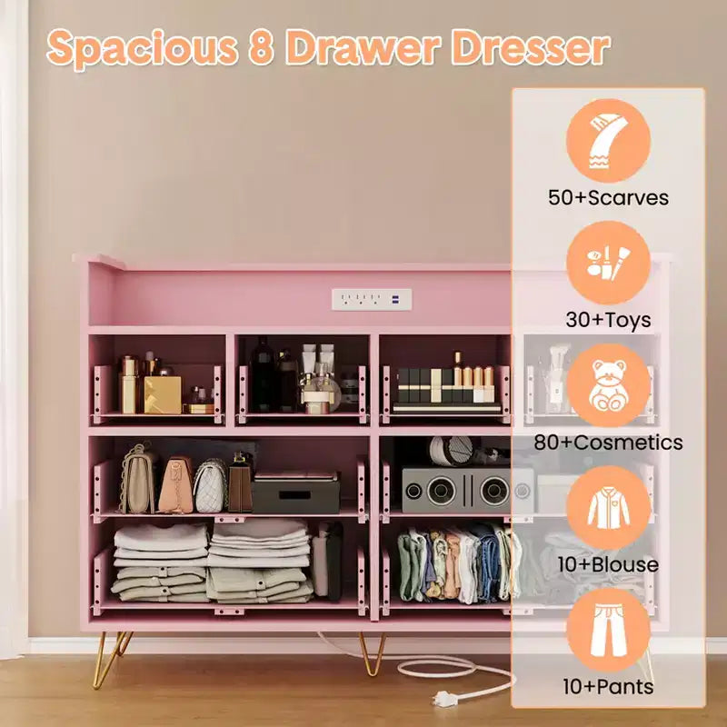 8 Drawer Dresser with Led Lights and Charging Station, Modern Dresser for Bedroom , Wooden Drawer with Open Space, Storage Organizer for Living Room,
