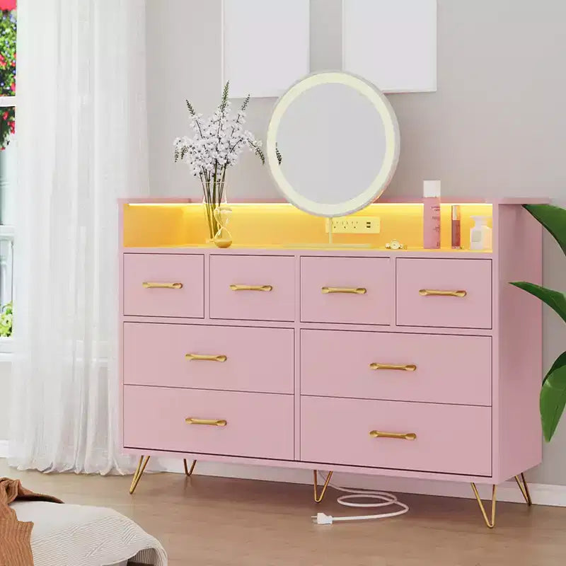8 Drawer Dresser with Led Lights and Charging Station, Modern Dresser for Bedroom , Wooden Drawer with Open Space, Storage Organizer for Living Room,
