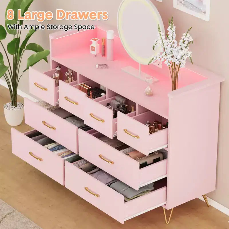 8 Drawer Dresser with Led Lights and Charging Station, Modern Dresser for Bedroom , Wooden Drawer with Open Space, Storage Organizer for Living Room,