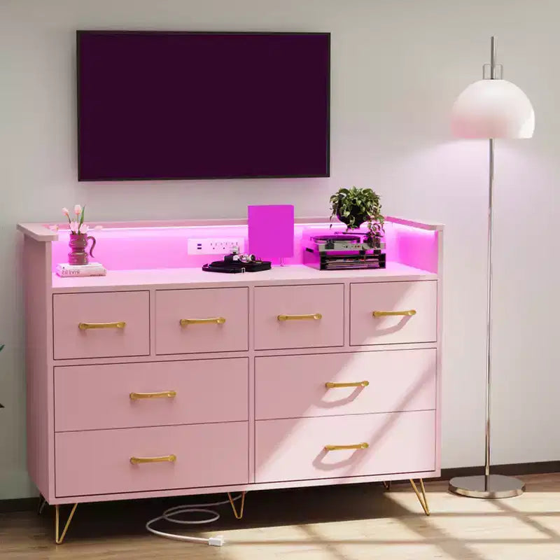 8 Drawer Dresser with Led Lights and Charging Station, Modern Dresser for Bedroom , Wooden Drawer with Open Space, Storage Organizer for Living Room,
