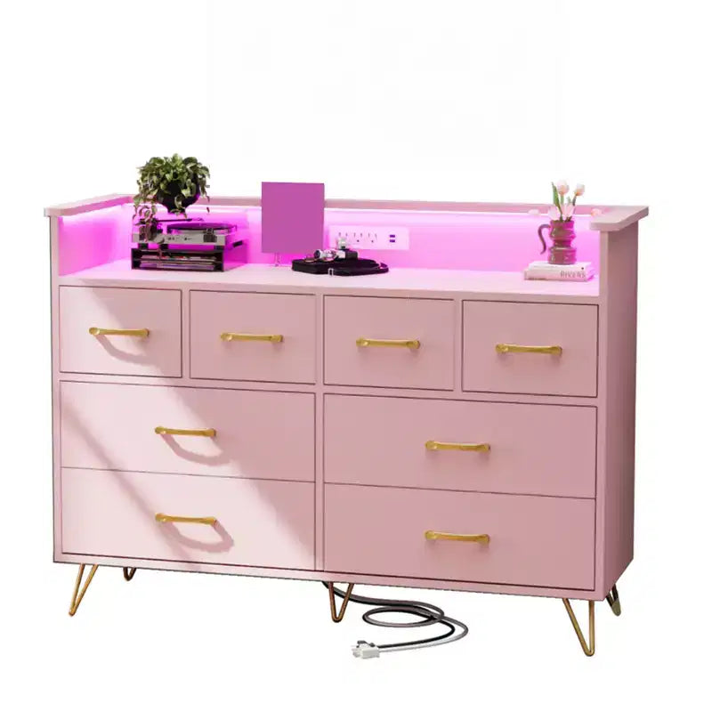 8 Drawer Dresser with Led Lights and Charging Station, Modern Dresser for Bedroom , Wooden Drawer with Open Space, Storage Organizer for Living Room,