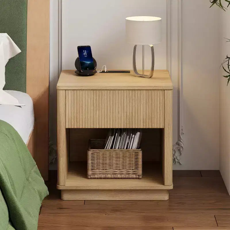 Nightstand with Outlet & USB Port, Modern Bedside Table with Charging Station and Storage Drawer, Modern Design for Small Spaces,Natural Color