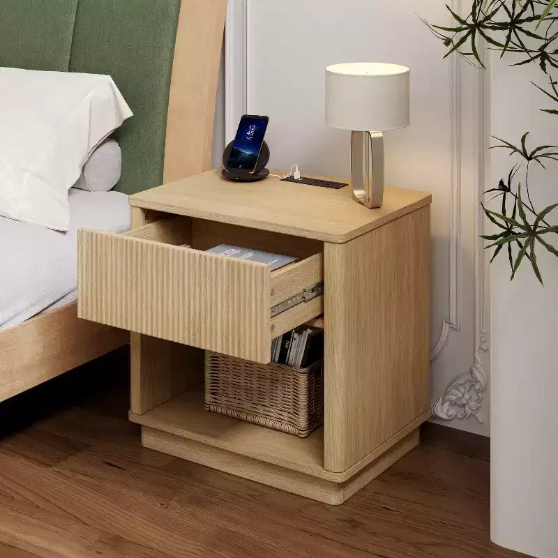 Nightstand with Outlet & USB Port, Modern Bedside Table with Charging Station and Storage Drawer, Modern Design for Small Spaces,Natural Color