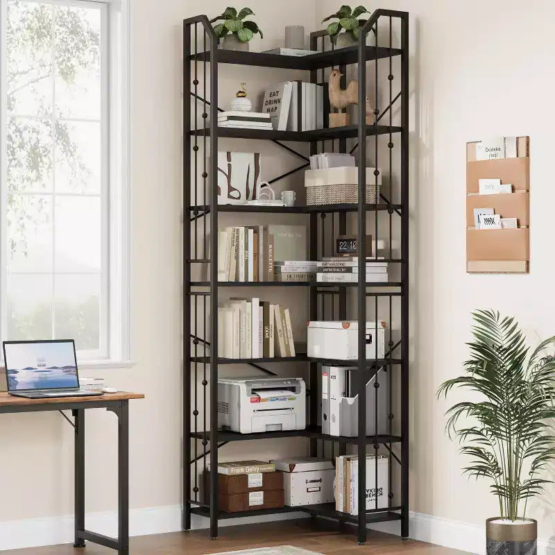 GustoWave 7-Tier Corner Bookshelf 86 Tall L-Shaped Bookcase Storage Shelf with Metal Frame