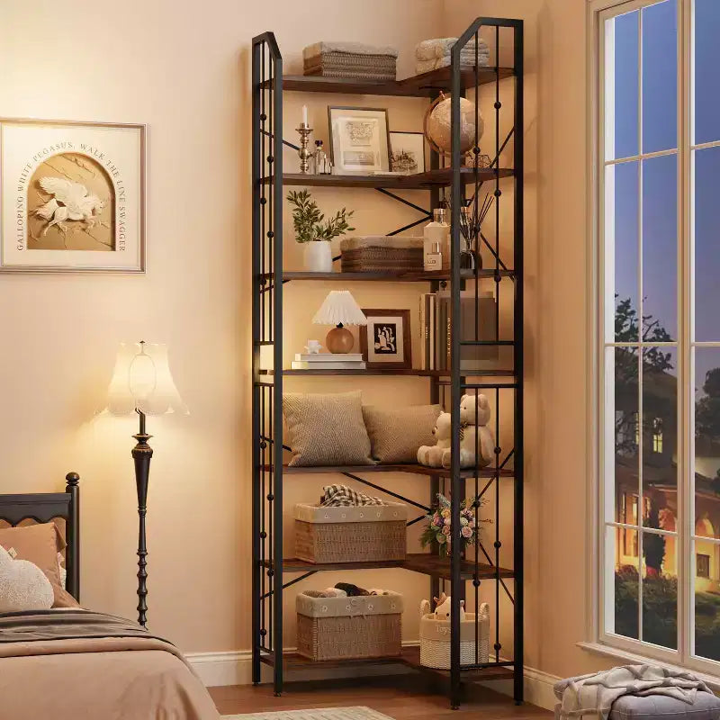 GustoWave 7-Tier Corner Bookshelf 86 Tall L-Shaped Bookcase Storage Shelf with Metal Frame
