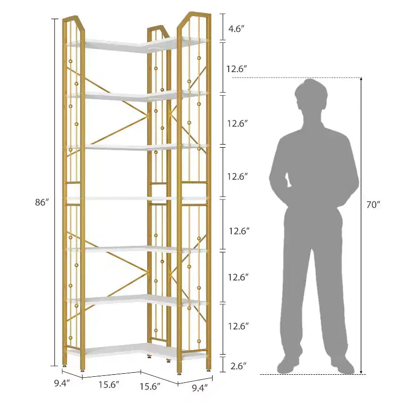 GustoWave 7-Tier Corner Bookshelf 86 Tall L-Shaped Bookcase Storage Shelf with Metal Frame