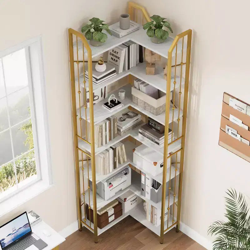 GustoWave 7-Tier Corner Bookshelf 86 Tall L-Shaped Bookcase Storage Shelf with Metal Frame