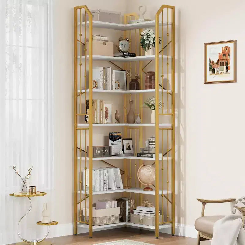 GustoWave 7-Tier Corner Bookshelf 86 Tall L-Shaped Bookcase Storage Shelf with Metal Frame