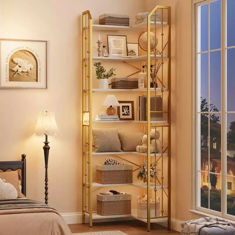 GustoWave 7-Tier Corner Bookshelf 86 Tall L-Shaped Bookcase Storage Shelf with Metal Frame