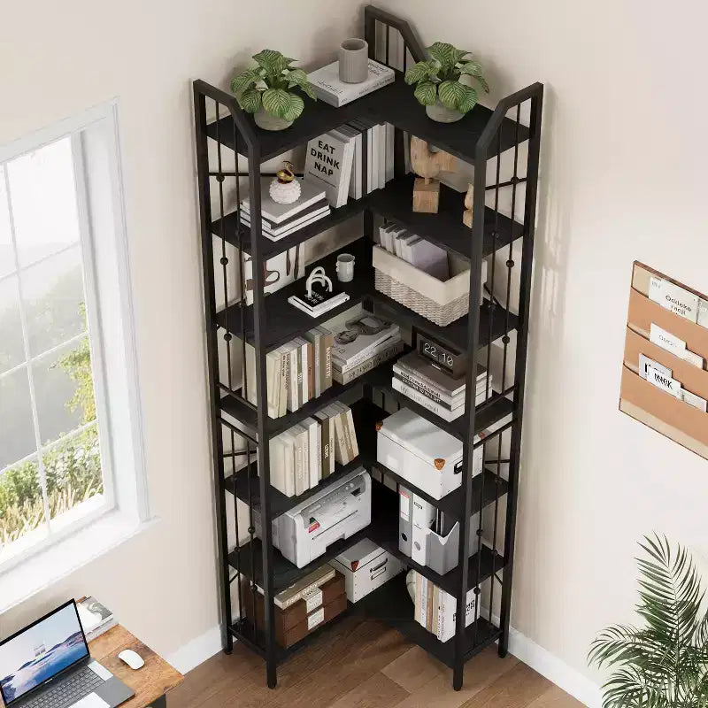 GustoWave 7-Tier Corner Bookshelf 86 Tall L-Shaped Bookcase Storage Shelf with Metal Frame