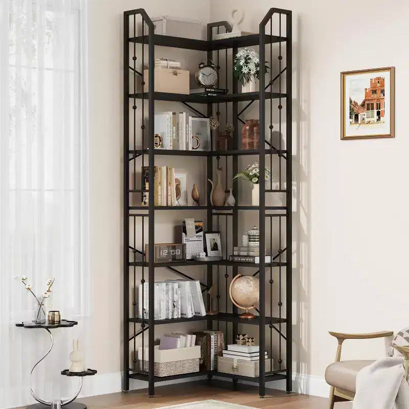 GustoWave 7-Tier Corner Bookshelf 86 Tall L-Shaped Bookcase Storage Shelf with Metal Frame
