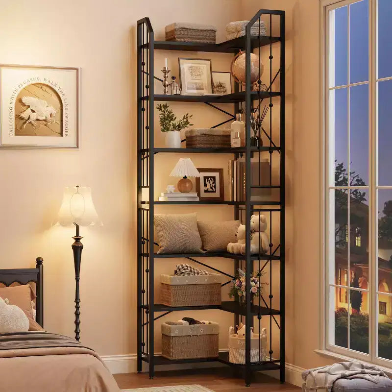 GustoWave 7-Tier Corner Bookshelf 86 Tall L-Shaped Bookcase Storage Shelf with Metal Frame