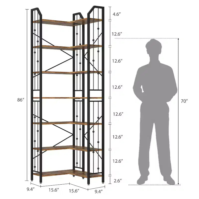 GustoWave 7-Tier Corner Bookshelf 86 Tall L-Shaped Bookcase Storage Shelf with Metal Frame