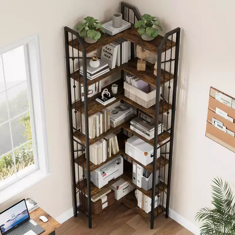 GustoWave 7-Tier Corner Bookshelf 86 Tall L-Shaped Bookcase Storage Shelf with Metal Frame