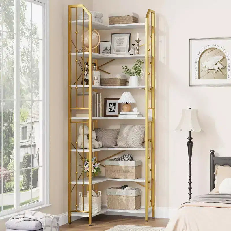 GustoWave 7-Tier Corner Bookshelf 86 Tall L-Shaped Bookcase Storage Shelf with Metal Frame