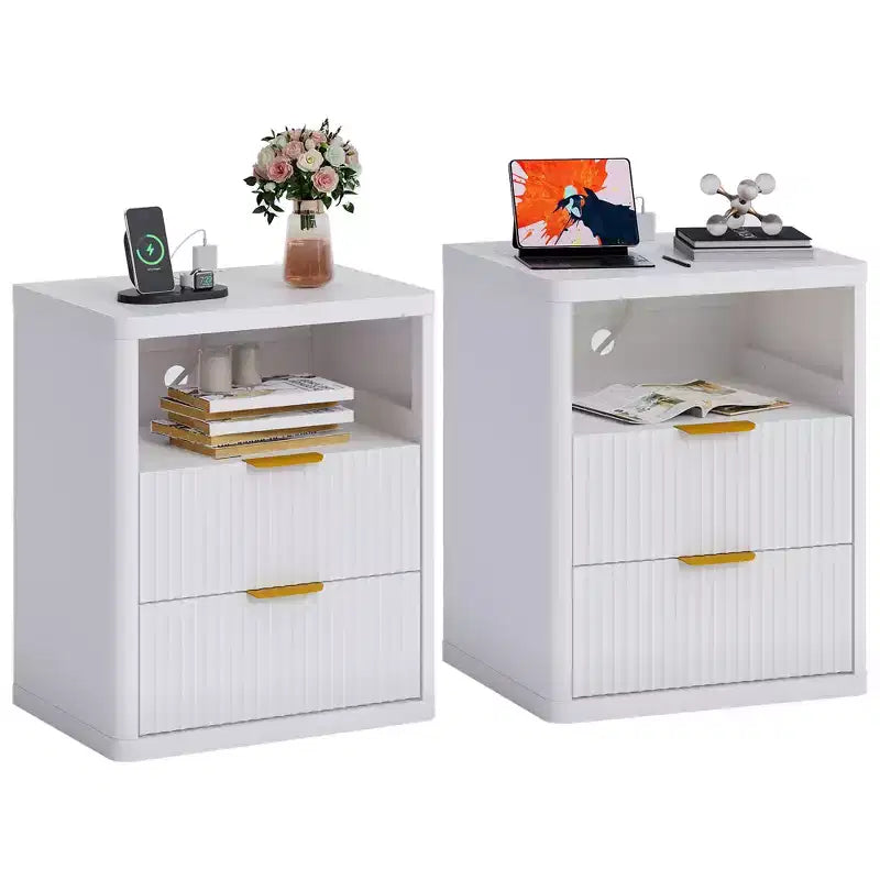 Fluted Nightstand Set of 2 with Charging Station, Bedside Table with 2 Drawers and Open Storage Space, Metal Handles