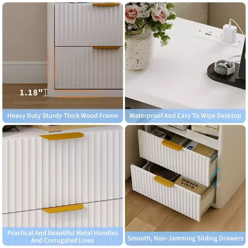Fluted Nightstand Set of 2 with Charging Station, Bedside Table with 2 Drawers and Open Storage Space, Metal Handles