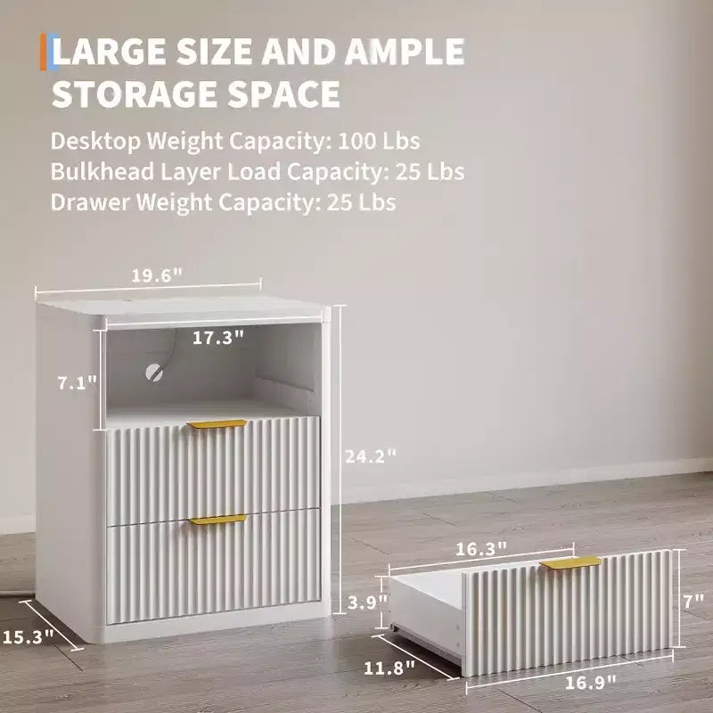 Fluted Nightstand Set of 2 with Charging Station, Bedside Table with 2 Drawers and Open Storage Space, Metal Handles