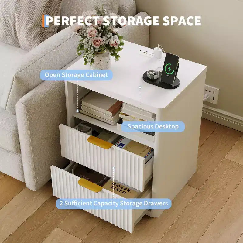 Fluted Nightstand Set of 2 with Charging Station, Bedside Table with 2 Drawers and Open Storage Space, Metal Handles
