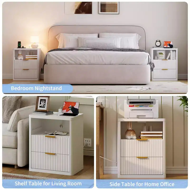 Fluted Nightstand Set of 2 with Charging Station, Bedside Table with 2 Drawers and Open Storage Space, Metal Handles