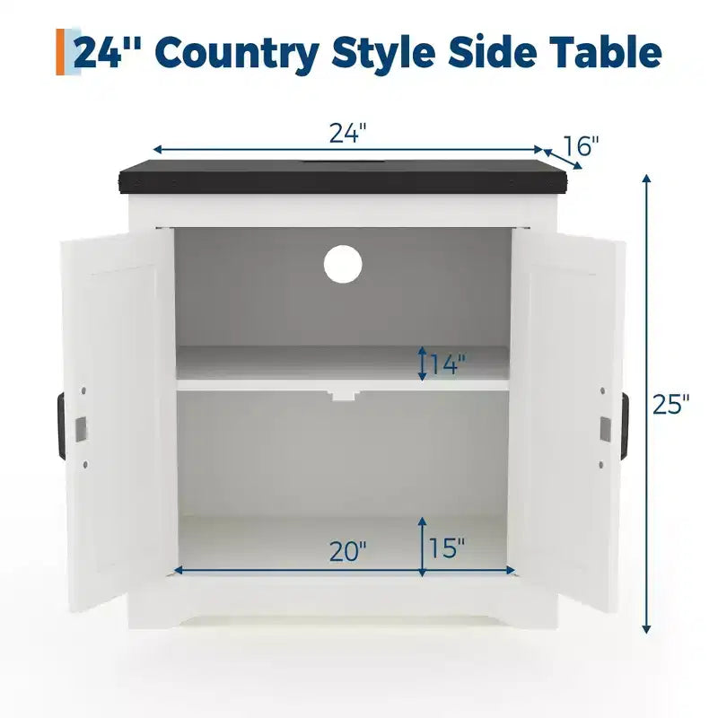 Farmhouse End Table with Charging Station  24-Inch Rustic Nightstand with 3 AC Outlets, USB & Type-C Ports, Sliding Barn Door & Adjustable Shelf