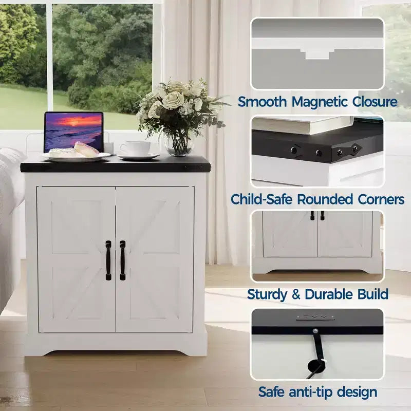 Farmhouse End Table with Charging Station  24-Inch Rustic Nightstand with 3 AC Outlets, USB & Type-C Ports, Sliding Barn Door & Adjustable Shelf
