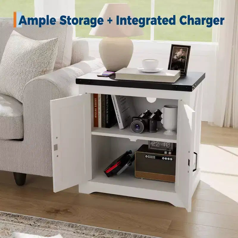 Farmhouse End Table with Charging Station  24-Inch Rustic Nightstand with 3 AC Outlets, USB & Type-C Ports, Sliding Barn Door & Adjustable Shelf