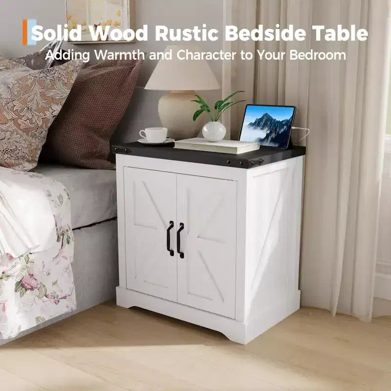 Farmhouse End Table with Charging Station  24-Inch Rustic Nightstand with 3 AC Outlets, USB & Type-C Ports, Sliding Barn Door & Adjustable Shelf