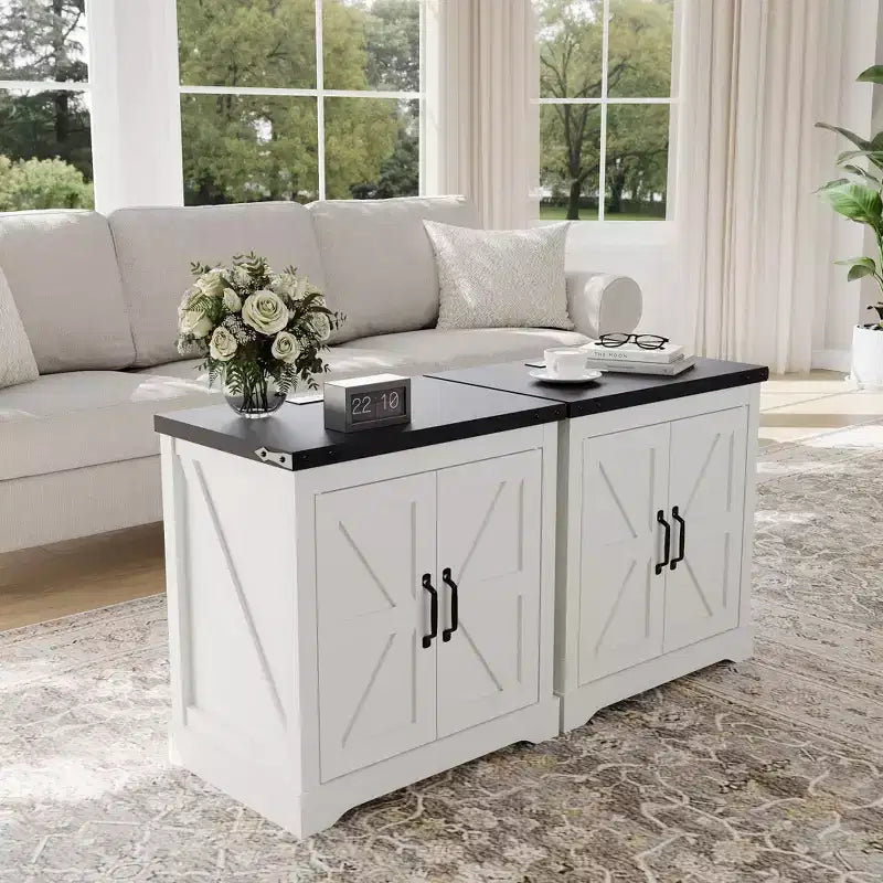 Farmhouse End Table with Charging Station  24-Inch Rustic Nightstand with 3 AC Outlets, USB & Type-C Ports, Sliding Barn Door & Adjustable Shelf